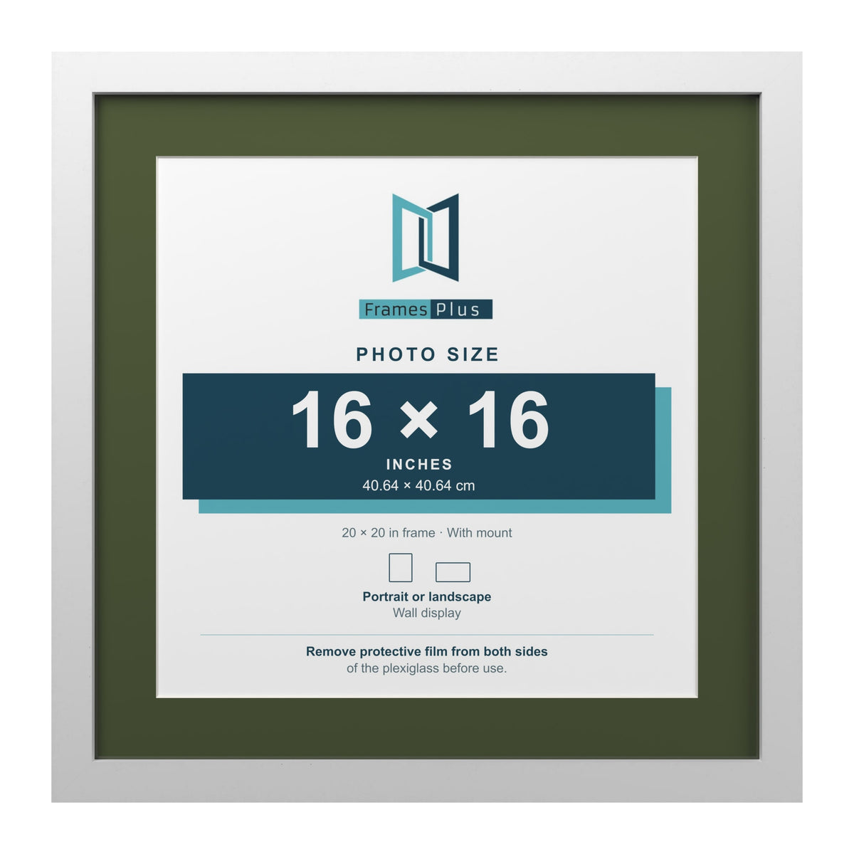 White 20 x 20 inch picture frame with a green mount for a 16 x 16 inch photo
