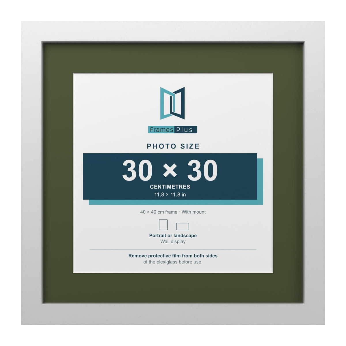 White 40 x 40 cm picture frame with a green mount for a 30 x 30 cm photo