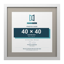 White 50 x 50 cm picture frame with a Dawn Grey mount for a 40 x 40 cm photo