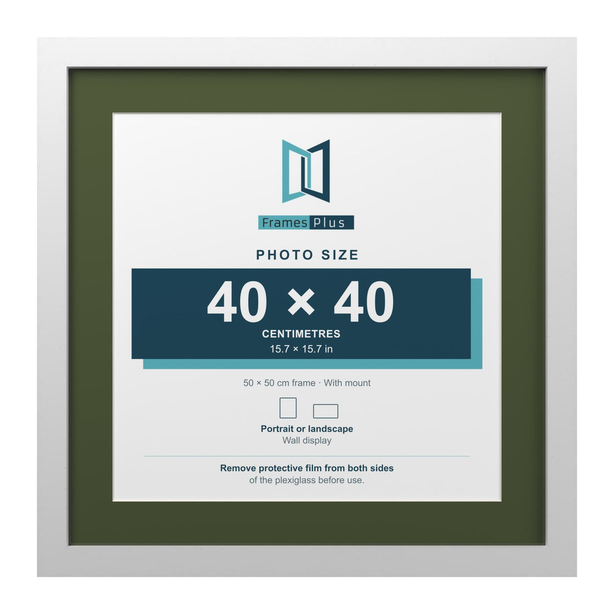 White 50 x 50 cm picture frame with a green mount for a 40 x 40 cm photo