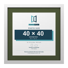 White 50 x 50 cm picture frame with a green mount for a 40 x 40 cm photo