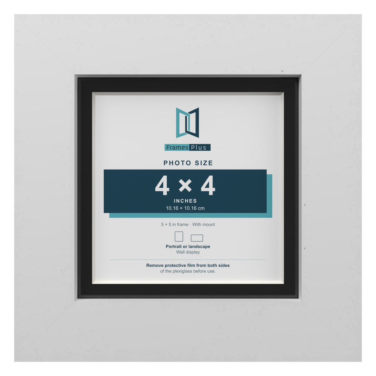 White 5 x 5 inch picture frame with a black mount for a 4 x 4 inch photo