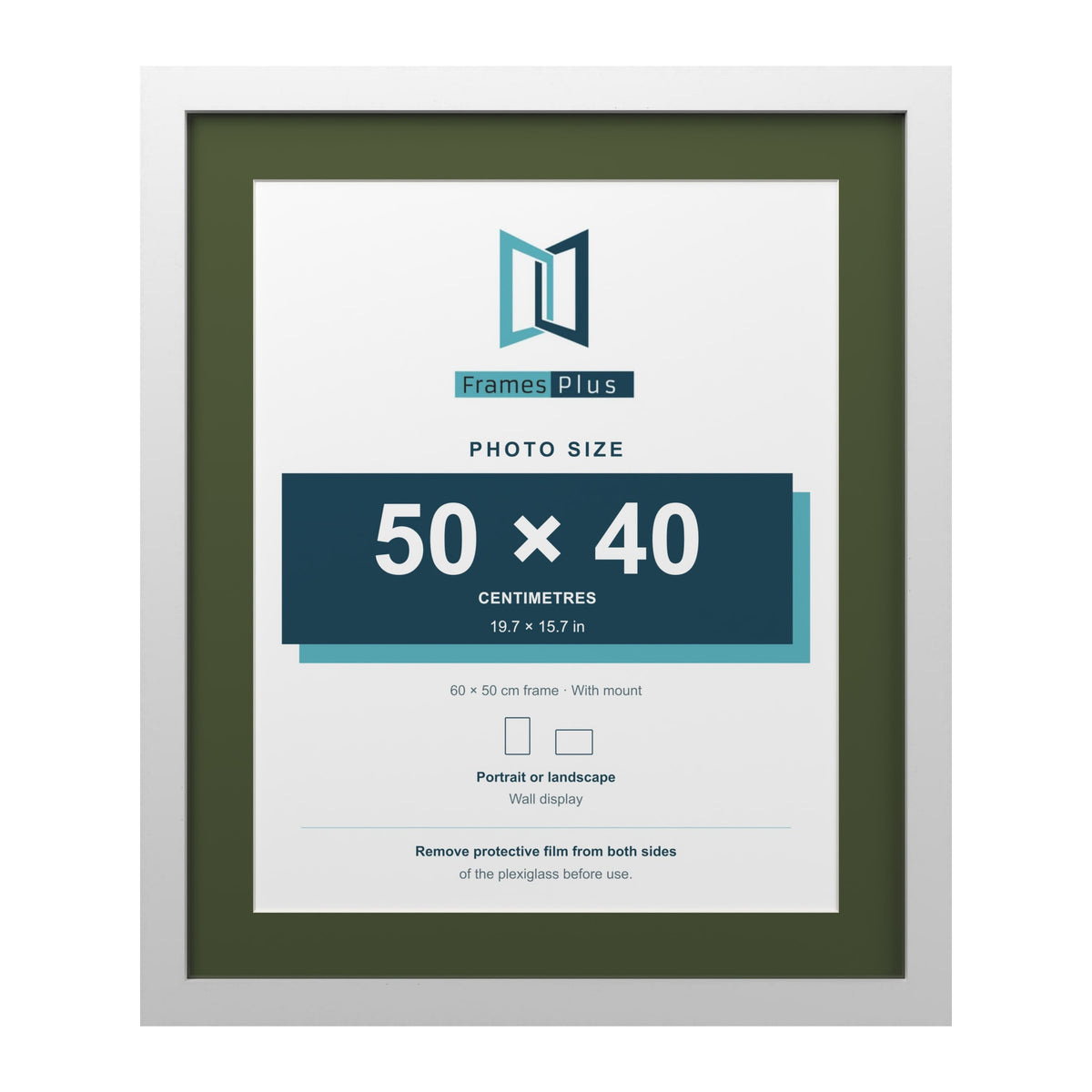 White 60 x 50 cm picture frame with a green mount for a 50 x 40 cm photo