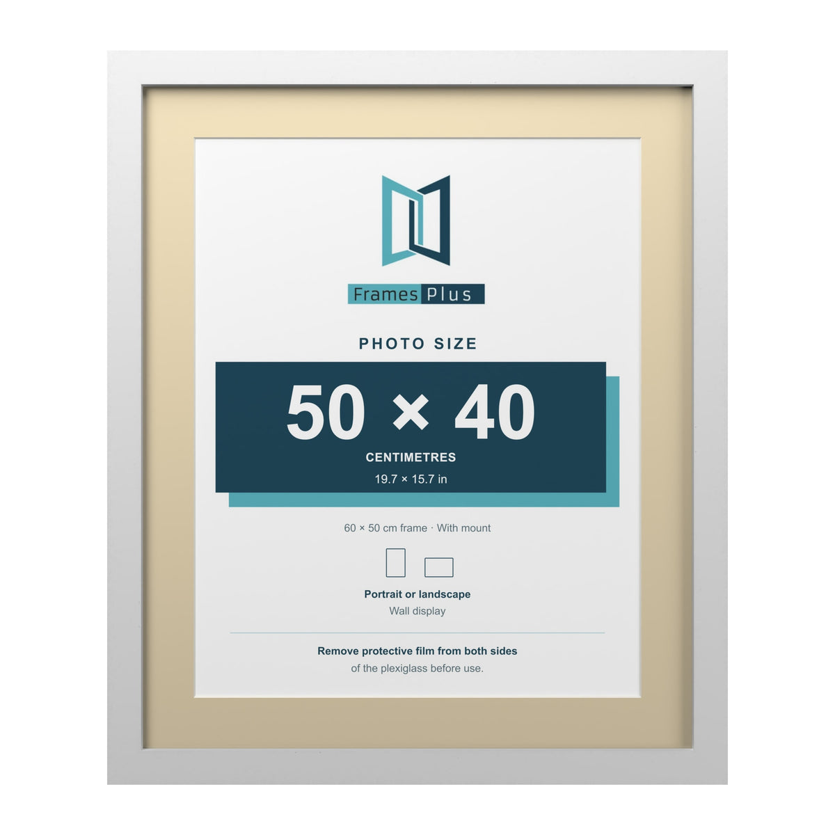 White 60 x 50 cm picture frame with an ivory mount for a 50 x 40 cm photo