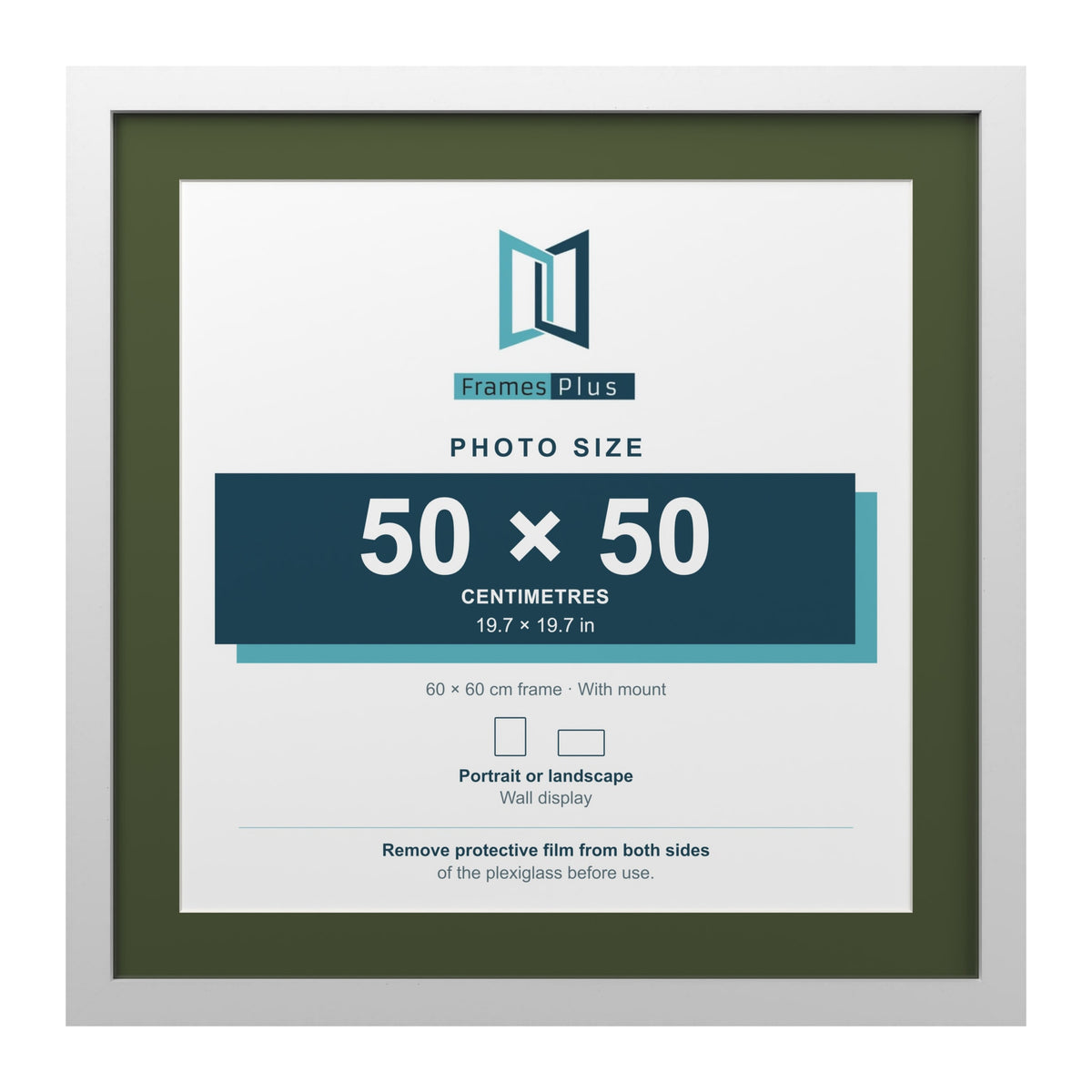 White 60 x 60 cm picture frame with a green mount for a 50 x 50 cm photo