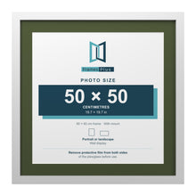 White 60 x 60 cm picture frame with a green mount for a 50 x 50 cm photo