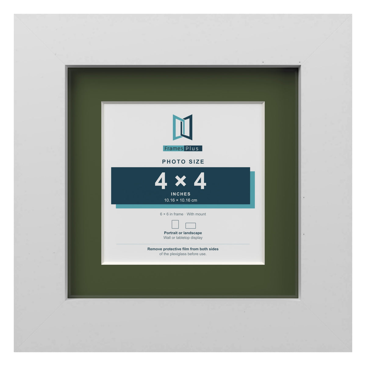 White 6 x 6 inch picture frame with a green mount for a 4 x 4 inch photo