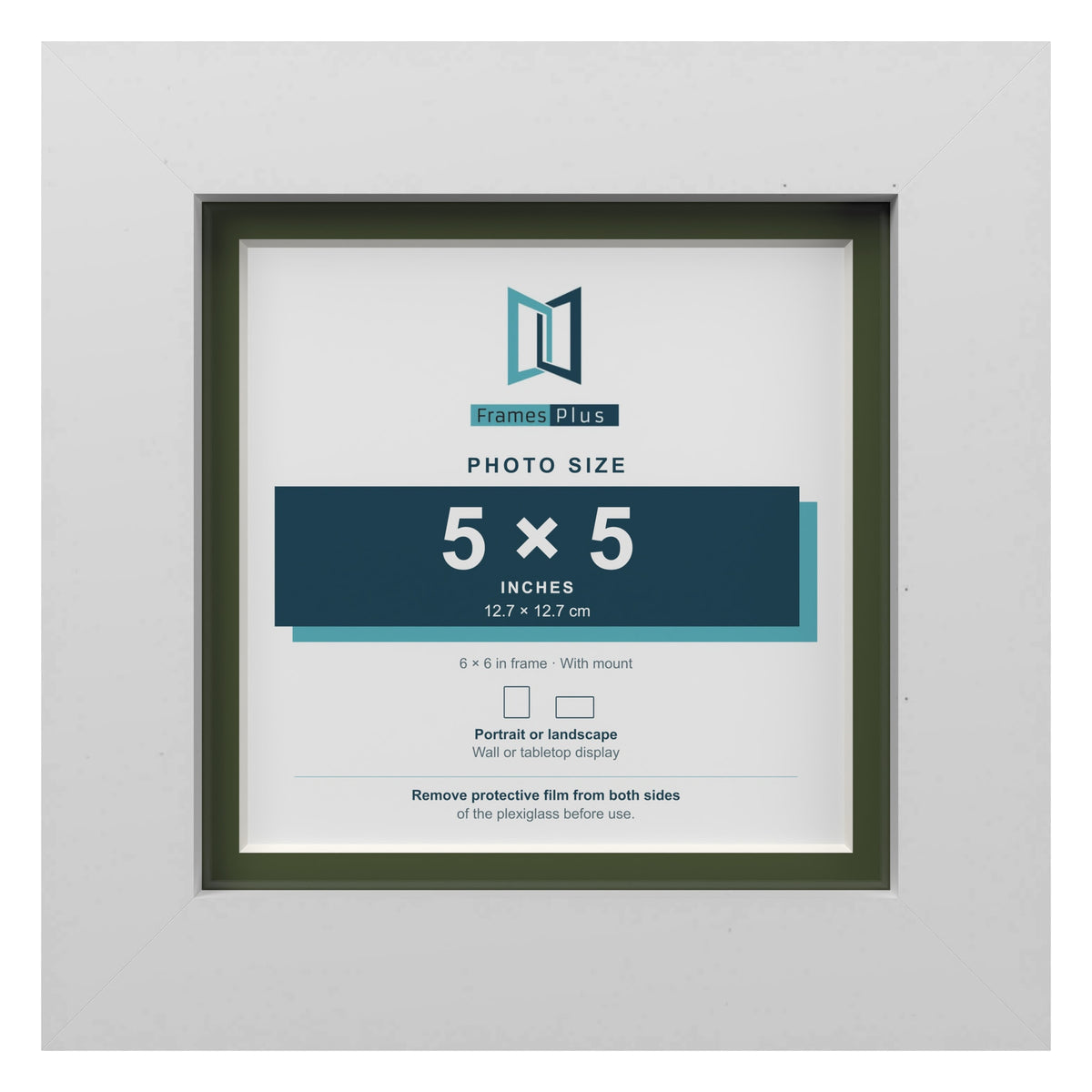 White 6 x 6 inch picture frame with a green mount for a 5 x 5 inch photo