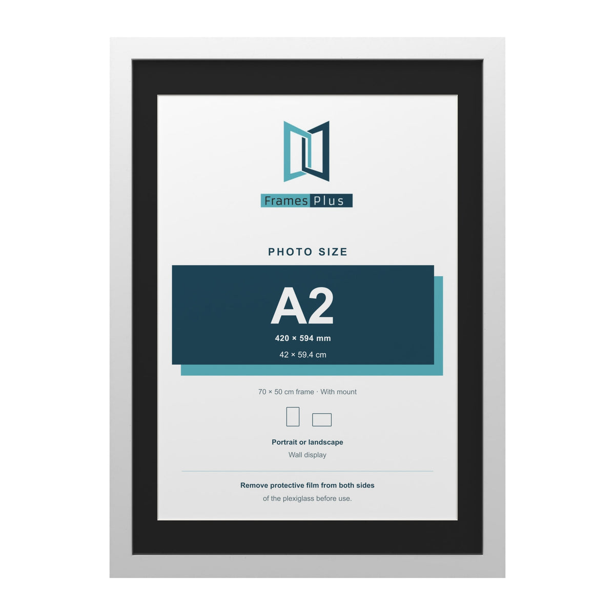 White 70 x 50 cm picture frame with a black mount for an A2 photo
