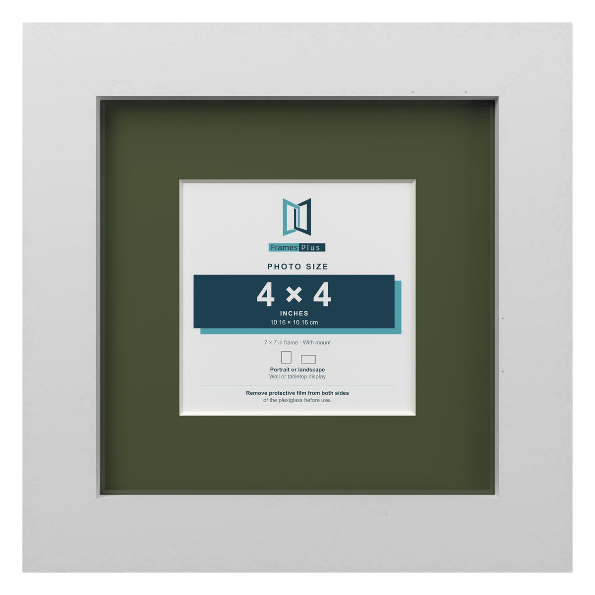 White 7 x 7 inch picture frame with a green mount for a 4 x 4 inch photo