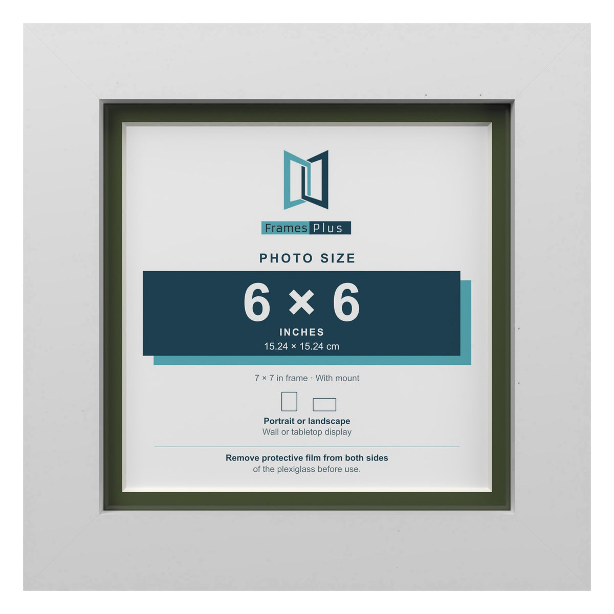 White 7 x 7 inch picture frame with a green mount for a 6 x 6 inch photo