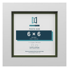 White 7 x 7 inch picture frame with a green mount for a 6 x 6 inch photo