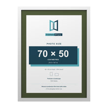 White 80 x 60 cm picture frame with a green mount for a 70 x 50 cm photo