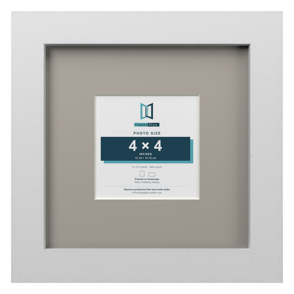 White 8 x 8 inch picture frame with a Dawn Grey mount for a 4 x 4 inch photo