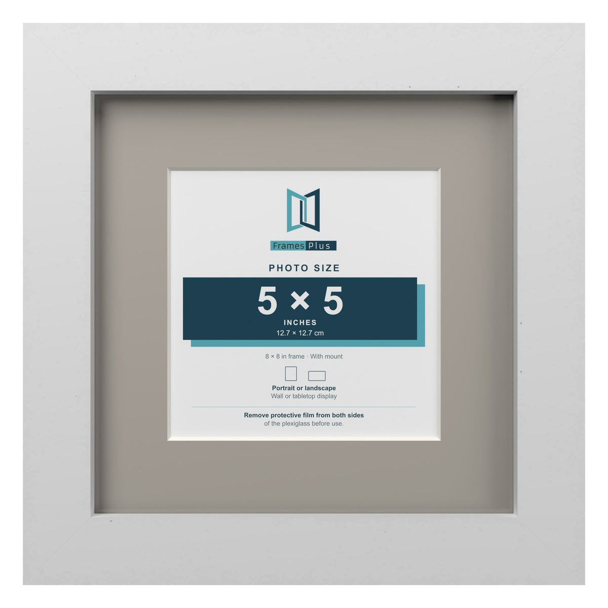 White 8 x 8 inch picture frame with a Dawn Grey mount for a 5 x 5 inch photo