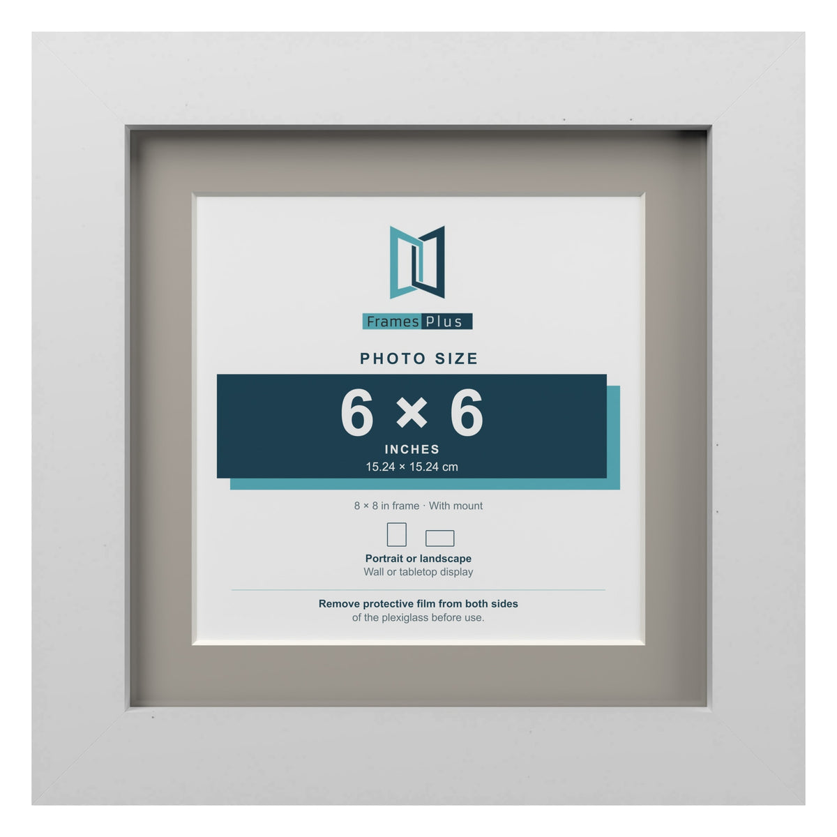 White 8 x 8 inch picture frame with a Dawn Grey mount for a 6 x 6 inch photo