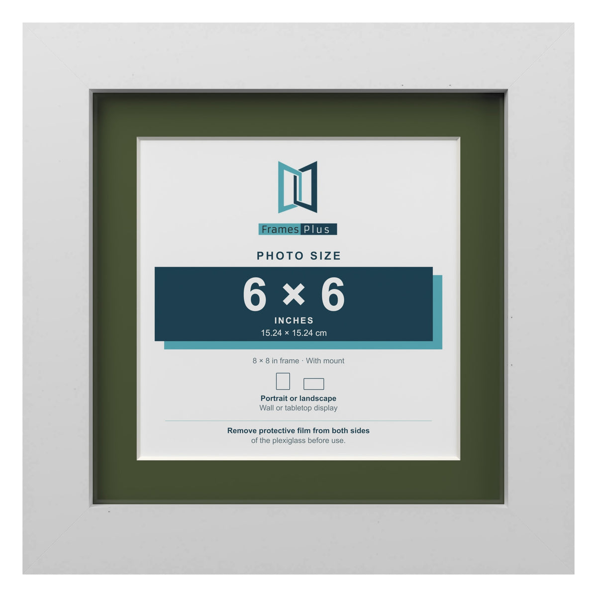 White 8 x 8 inch picture frame with a green mount for a 6 x 6 inch photo