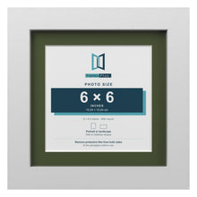 White 8 x 8 inch picture frame with a green mount for a 6 x 6 inch photo