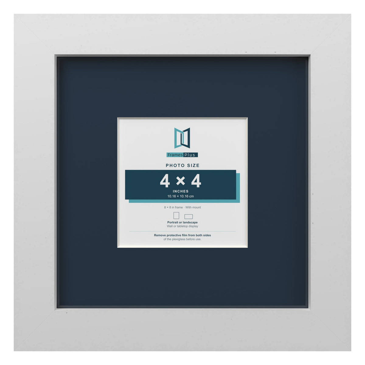White 8 x 8 inch picture frame with a Pacific Blue mount for a 4 x 4 inch photo