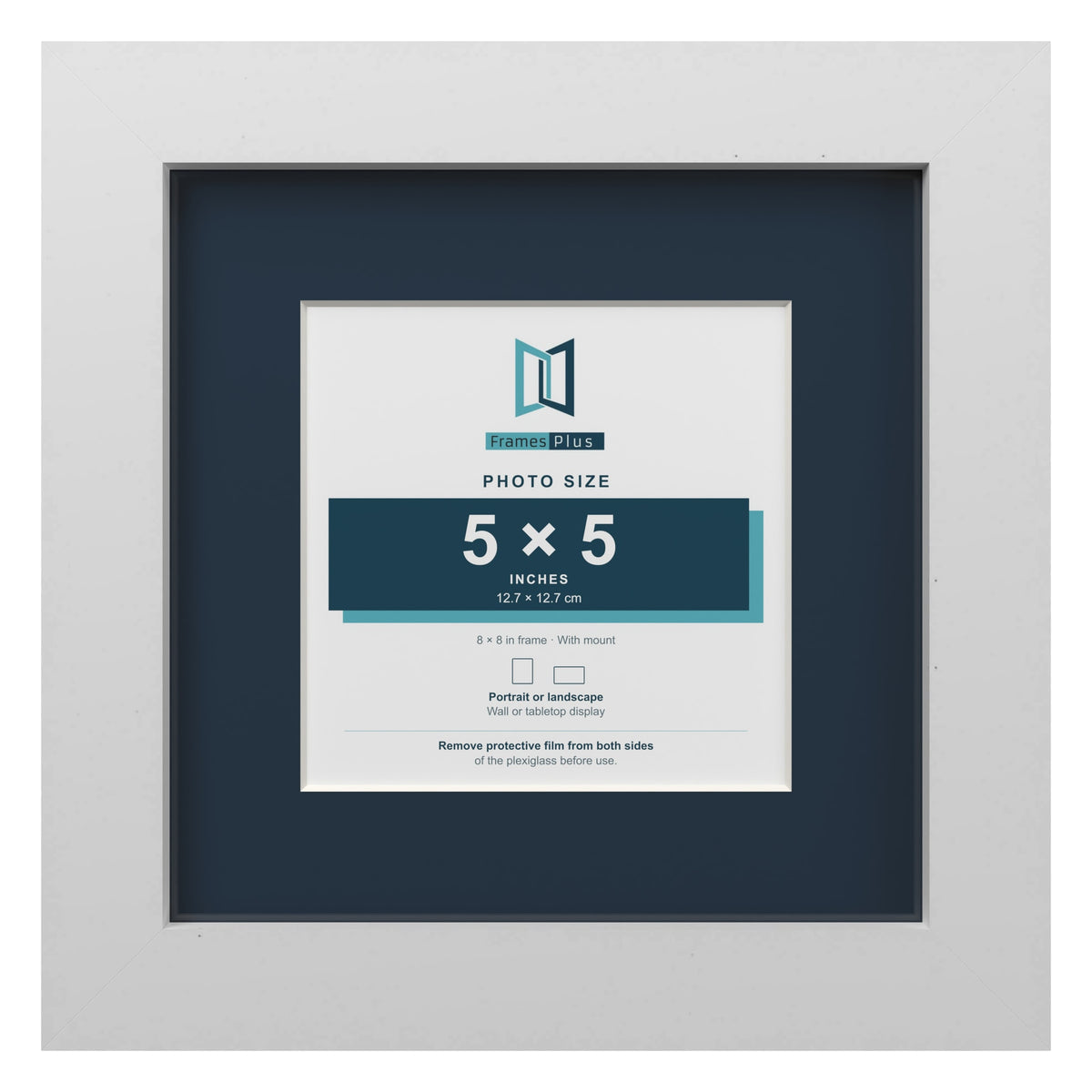 White 8 x 8 inch picture frame with a Pacific Blue mount for a 5 x 5 inch photo