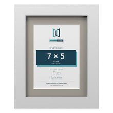 White 9 x 7 inch picture frame with a Dawn Grey mount for a 7 x 5 inch photo