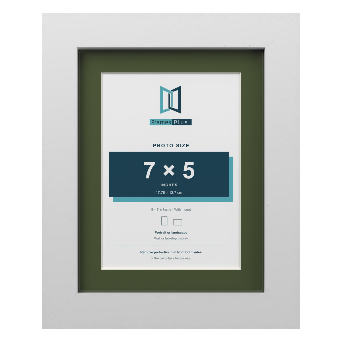 White 9 x 7 inch picture frame with a green mount for a 7 x 5 inch photo