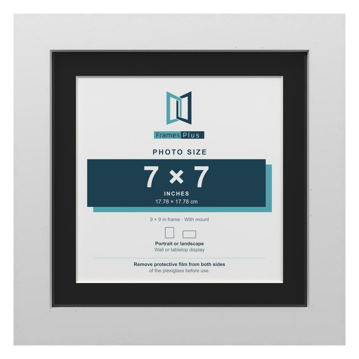 White 9 x 9 inch picture frame with a black mount for a 7 x 7 inch photo
