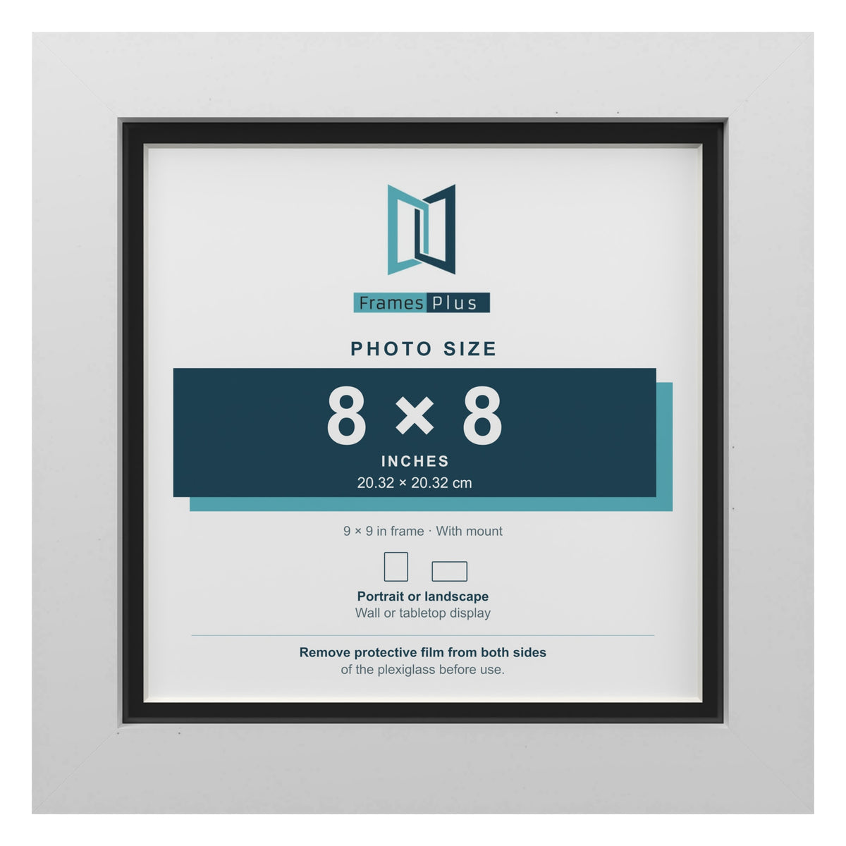 White 9 x 9 inch picture frame with a black mount for an 8 x 8 inch photo