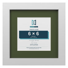 White 9 x 9 inch picture frame with a green mount for a 6 x 6 inch photo