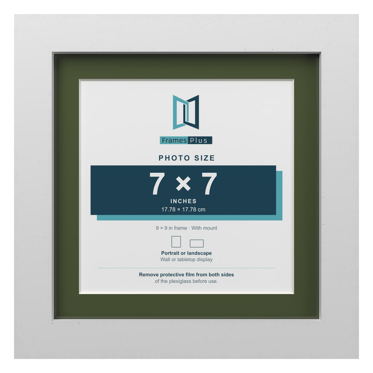 White 9 x 9 inch picture frame with a green mount for a 7 x 7 inch photo