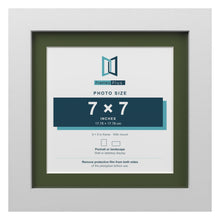 White 9 x 9 inch picture frame with a green mount for a 7 x 7 inch photo