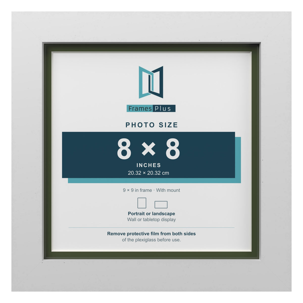 White 9 x 9 inch picture frame with a green mount for an 8 x 8 inch photo