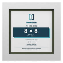 White 9 x 9 inch picture frame with a green mount for an 8 x 8 inch photo