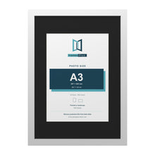 White A2 picture frame with a black mount for an A3 photo
