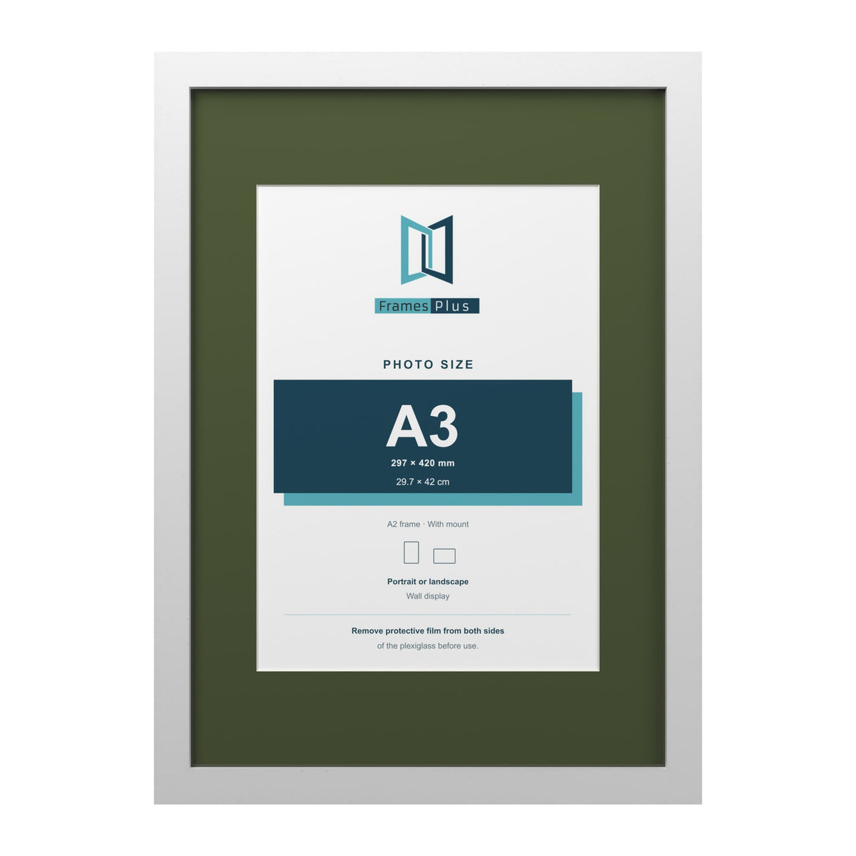 White A2 picture frame with a green mount for an A3 photo