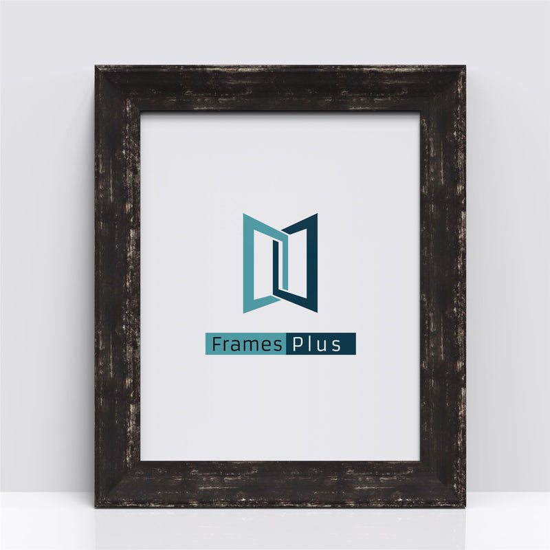Exmouth Range black distressed picture frame showcasing Frames Plus logo.