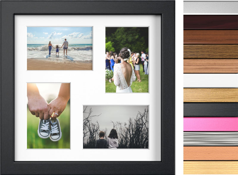 Modern multi-aperture photo frame 6x4 displaying four photos with a sleek dark oak finish.