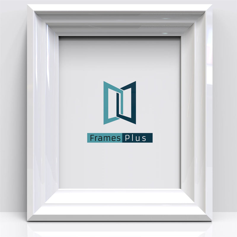 Frames Plus logo displayed in a clean, white picture and poster frame, emphasizing modern design.