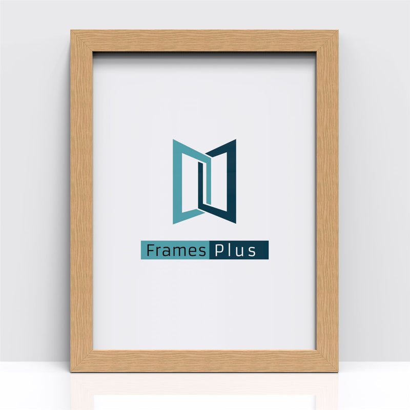 Oak picture and poster frame featuring the Frames Plus logo.