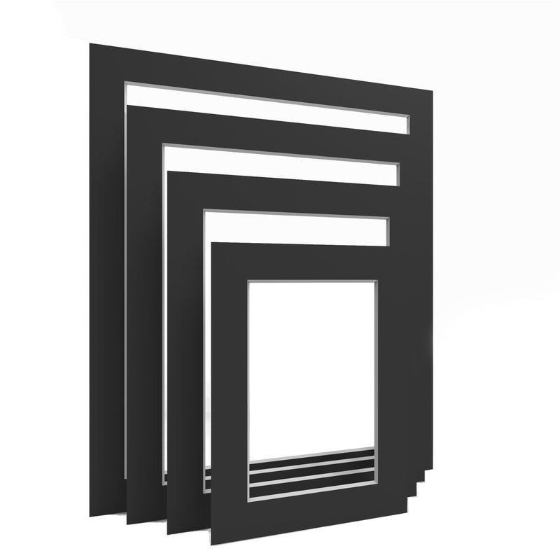 Black picture mounts pack of 12 displayed in various sizes, perfect for enhancing photo and artwork presentations.