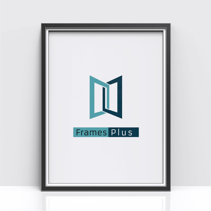 Black picture and poster frame featuring the Frames Plus logo on a clean background.