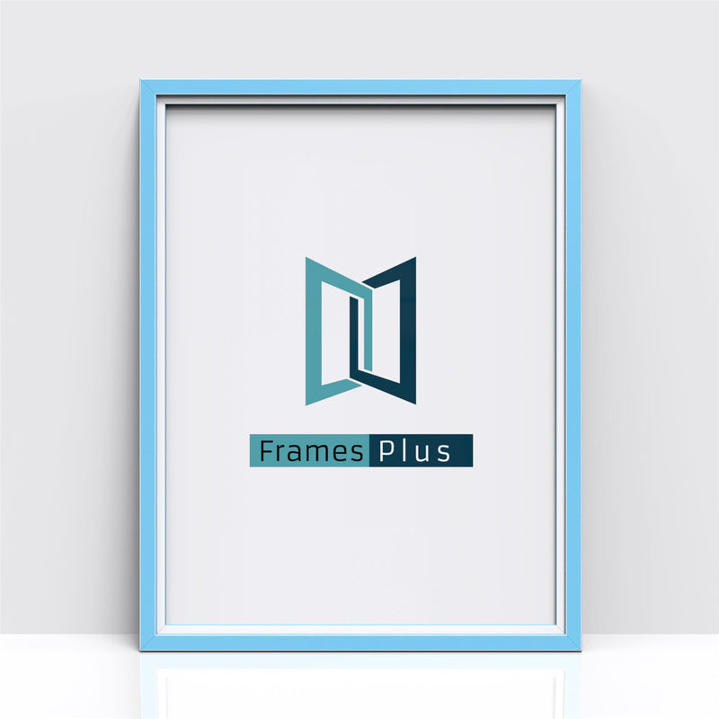 light blue picture frame showcasing the Frames Plus logo in a modern design with a clean aesthetic.