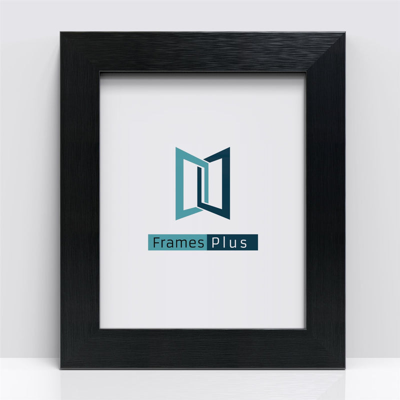 Black picture and poster frame showcasing the Frames Plus logo in a stylish design.