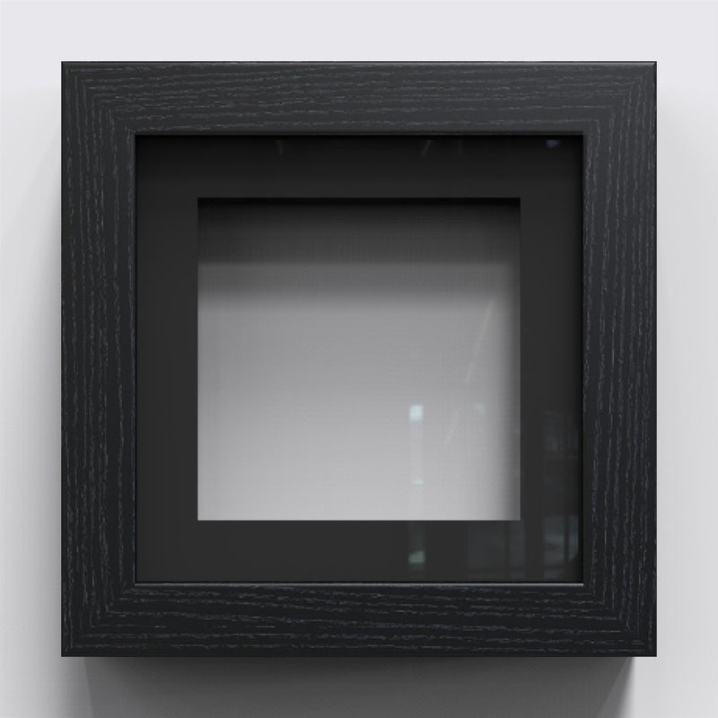 black deep display frame for memorabilia with a sleek 25mm matt black moulding and deep box design.