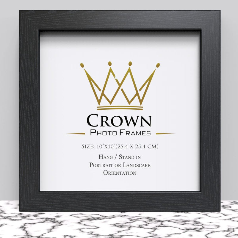 10x10 photo frame with a black finish, suitable for hanging or standing in portrait or landscape orientation.