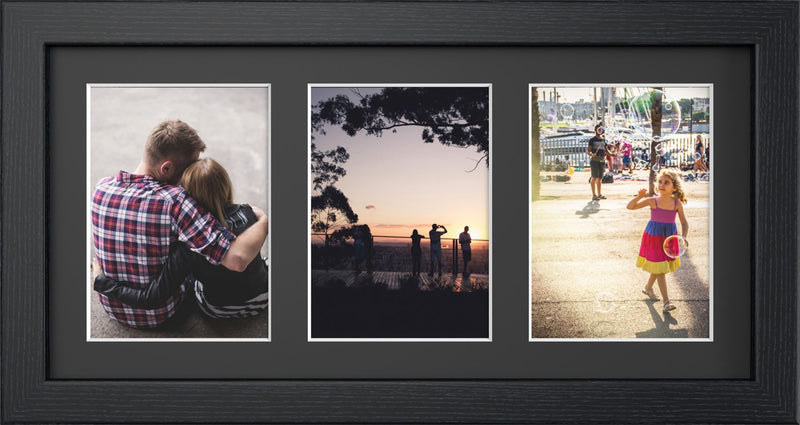multi-aperture photo frame black displaying three vibrant photos of family moments and scenic views