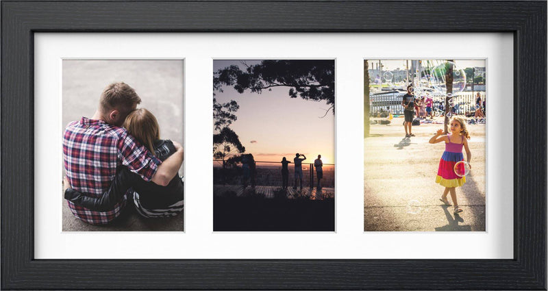 Modern Multi-Aperture Frame for 3 Photos 7x5" with White Mount displaying three cherished images.
