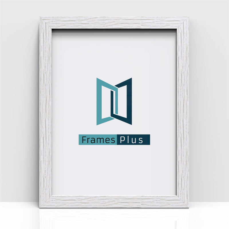 grey wood grain picture frame featuring the Frames Plus logo in elegant design.