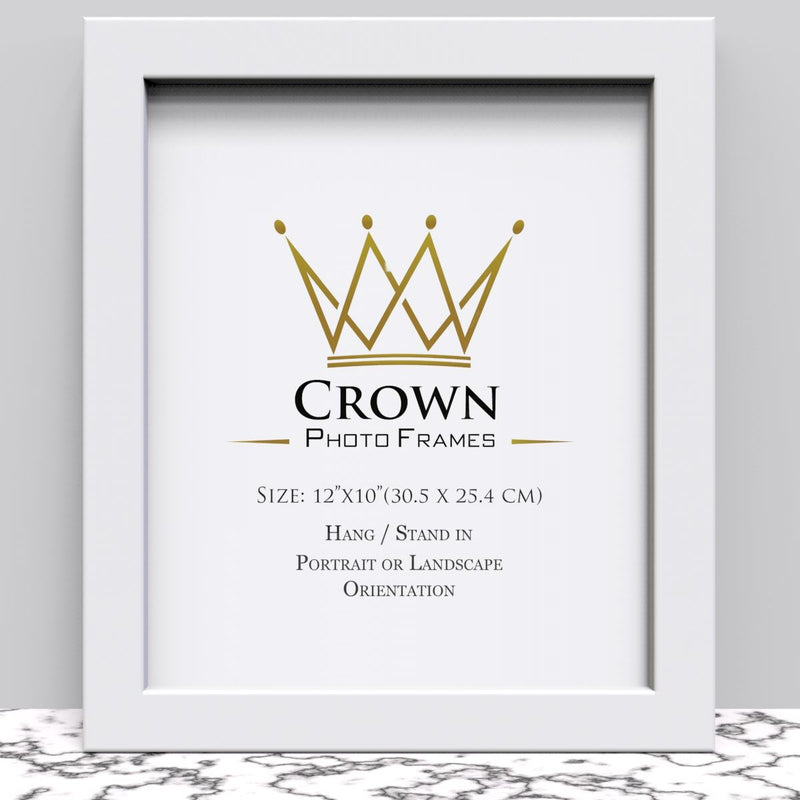 12x10 photo frame in black white oak displayed with crown design and size details on a marble surface.
