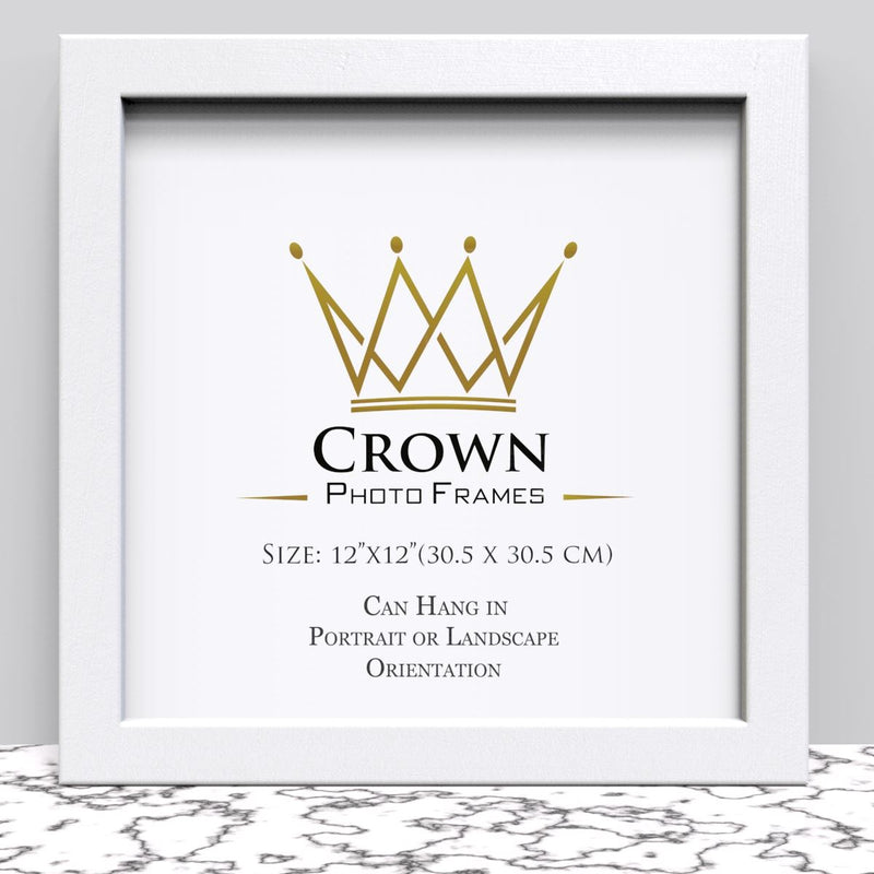 12x12 inch photo frame in white with a crown design and size details for portrait or landscape orientation